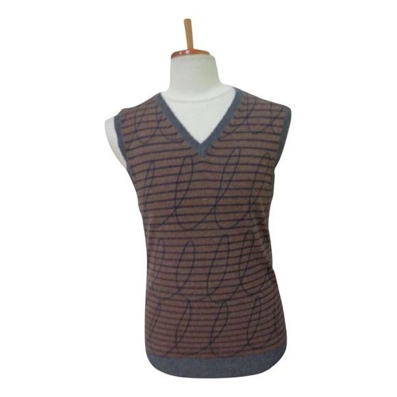 ADAM Man's Brown and Black Stripe 100% Cashmere V-Neck Sweater/Vest Size: M - Picture 1 of 9
